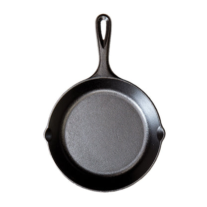 Cast iron skillet with one long handle, there's a pour spout on the left and right side.