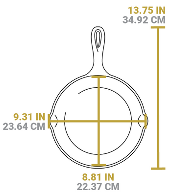 Dimensional drawing product. Full length is 13.75 inches, length of cooking surface is 8.81 inches, width of cooking surface is 9.31 inches.