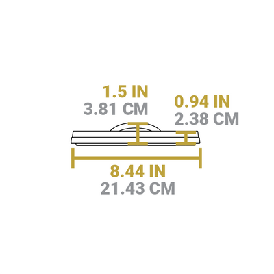 Dimensional drawing of product lid. Total width is 8.44 inches, total height is 1.5 inches, height of lid excluding handle is 0.94 inches.