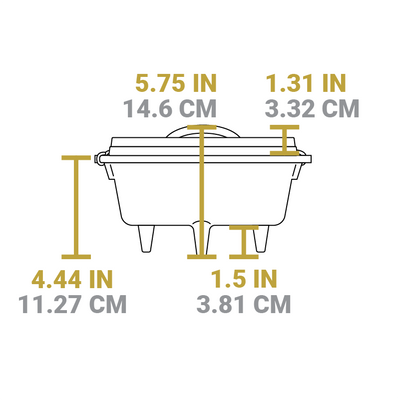 Dimensional drawing of product. Total height is 5.75 inches, height of dutch oven is 4.44 inches, height of legs is 1.5 inches, and height of lid is 1.31 inches.