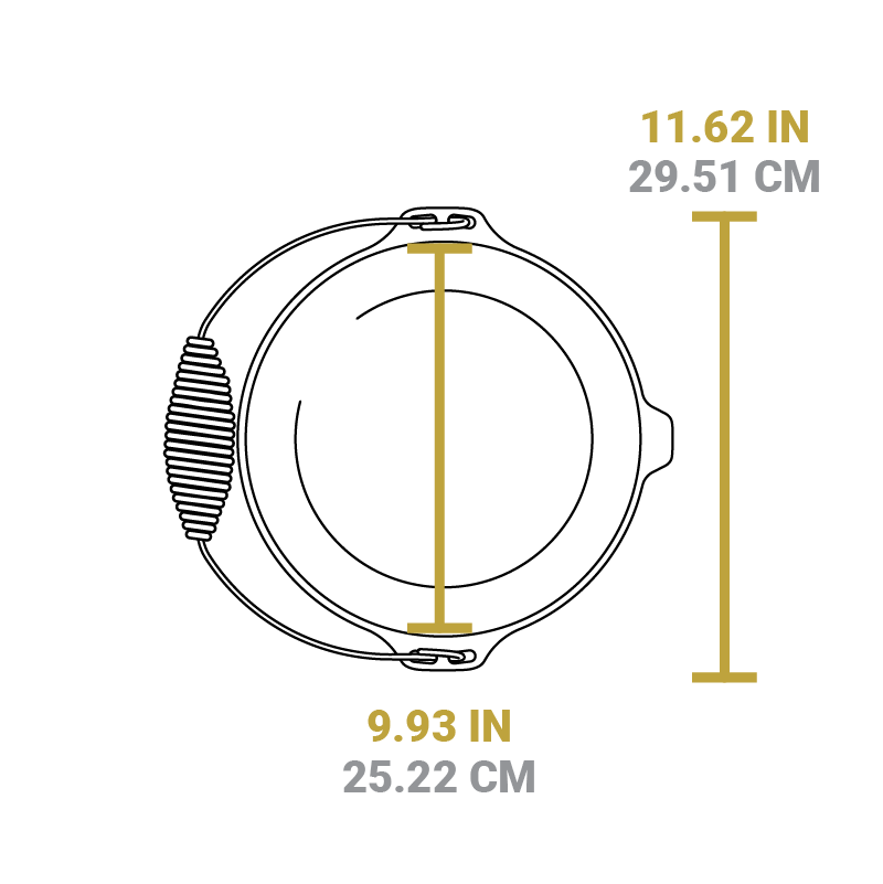 Dimensional drawing of product. Width of cooking surface is 9.93 inches, total length is 11.62 inches.