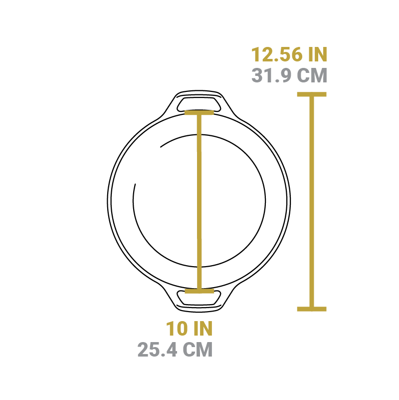 Dimensional drawing of product. Width of dutch oven cooking surface is 10 inches, total width from handle to handle is 12.56 inches.