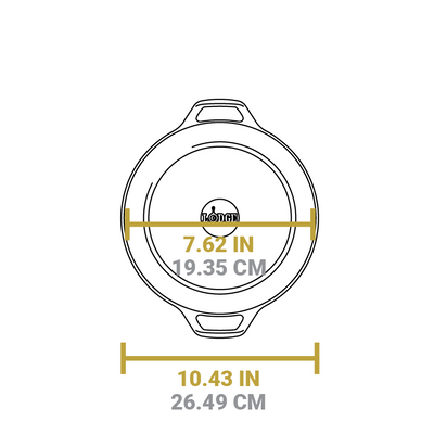 Dimensional drawing of dutch oven. Length of flat bottom is 7.62 inches, total length is 10.43 inches.