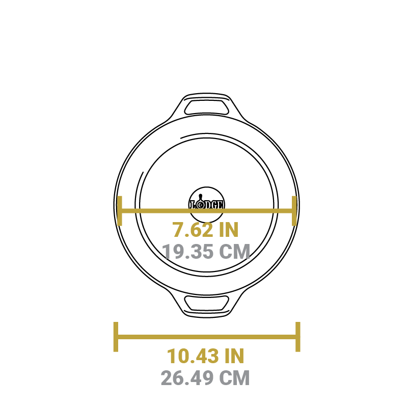 Dimensional drawing of product. Length of flat bottom is 7.62 inches, total length is 10.43 inches.