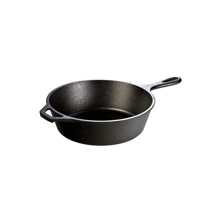 A deep, circular skillet with a long handle and loop handle.
