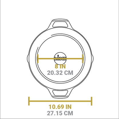 Dimensional drawing of product. Total length is 10.69 inches, width of flat bottom is 8 inches.