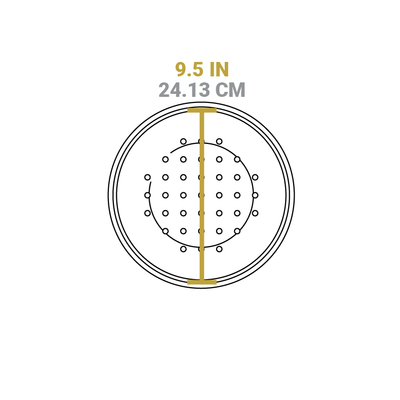 Dimensional drawing of product. Diameter is 9.5 inches.