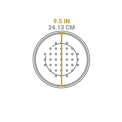 Dimensional drawing of product. Diameter is 9.5 inches.