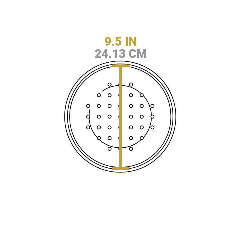 Dimensional drawing of product. Diameter is 9.5 inches.