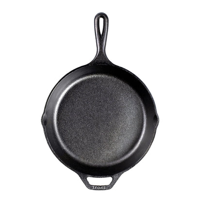 Cast iron skillet with one long handle and one assist handle on opposite side, there's a pour spout on the left and right side.