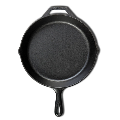 Cast iron skillet with one long handle and one assist handle on opposite side, there's a pour spout on the left and right side.