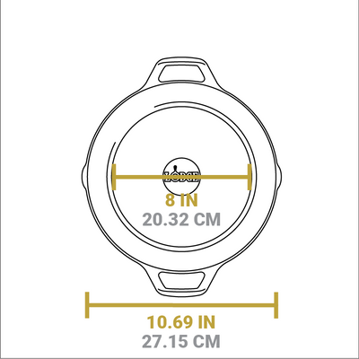 Dimensional drawing of product. Flat bottom width is 8 inches, total width is 10.69 inches.