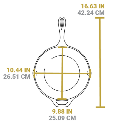 Measurement chart showing dimensions of the product. Full length is 16.63 inches, width of cooking surface is 10.44 inches, and length of cooking surface is 9.88 inches.