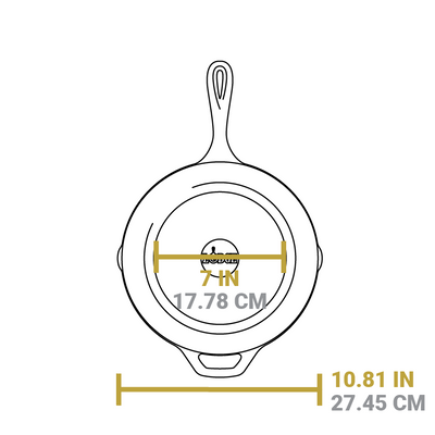 Dimensional drawing of 10 inch skillet. Flat bottom width is 7 inches, total width is 10.81 inches.