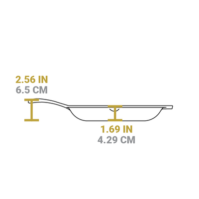 Dimensional drawing of 10 inch skillet. Depth of cooking surface is 1.69 inches, height of handle form bottom is 2.56 inches.