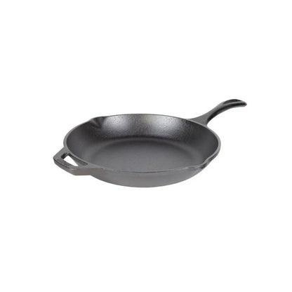 Black cast iron skillet with long handle and loop handle on opposite sides, along with 2 pour spots.