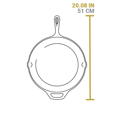 Dimensional drawing of product. Total length including handles is 20.08  inches.