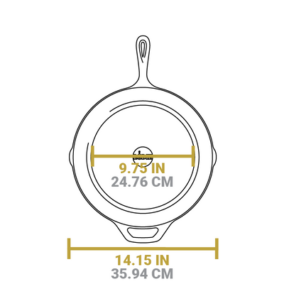 Dimensional drawing of product. Total width is 14.15 inches, flat bottom width is 9.75 inches.
