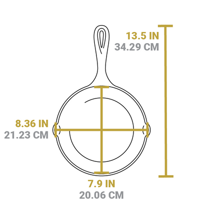 Dimensional drawing of product. Total length including handle is 13.5 inches length of cooking surface is 7.9 inches, and width of cooking surface from pour spout to pour spout is 8.36 inches.