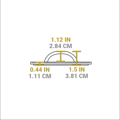 Dimensional drawing of product. Total height is 1.5 inches, height of handle from press is 1.12 inches, depth of press is 0.44 inches.