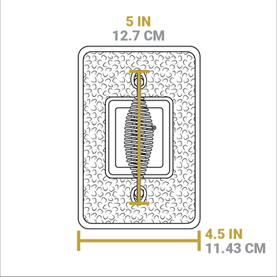 Dimensional drawing of product. Width of handle is 5 inches, width of press is 4.5 inches.