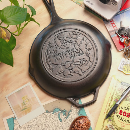 Close-up view of the engraved design on back of skillet.