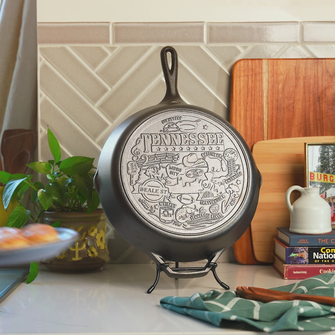 Close-up view of the monuments and icons that fill the bottom of the skillet.