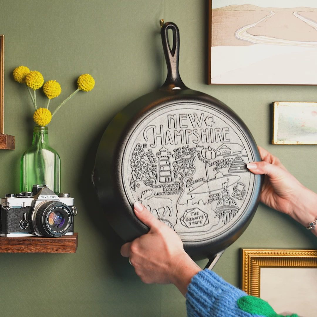 Close up view of engraved state skillet.
