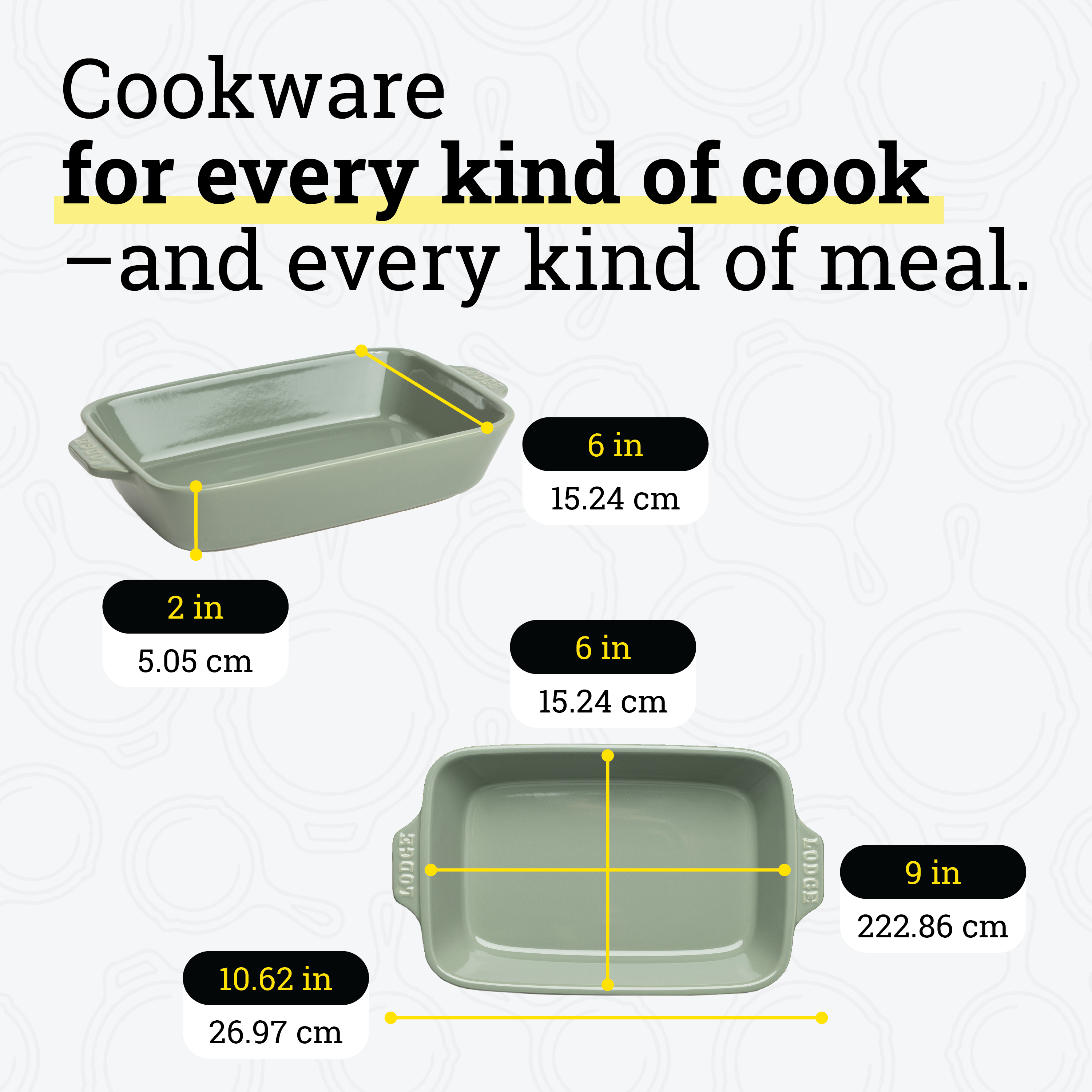 Dimensional drawings of casserole dish. Product height is 2 inches, width is 6 inches, length is 10.62 inches. Cooking surface width is 6 inches, surface length is 9 inches.