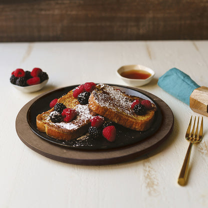 French toast served on table with griddle and underliner.