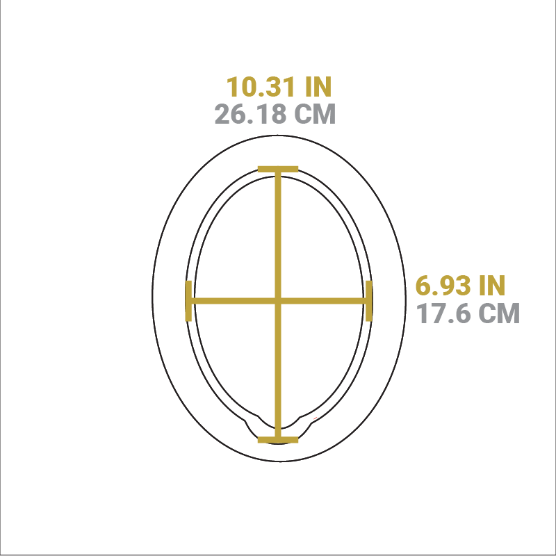 Dimensional drawing of product. Width of serving dish indentation is 10.31 inches, length of indentation is 6.93 inches.
